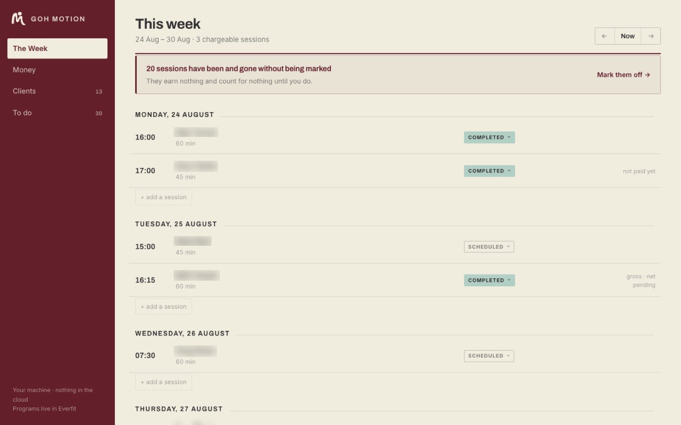 The Goh Motion weekly schedule view, names changed